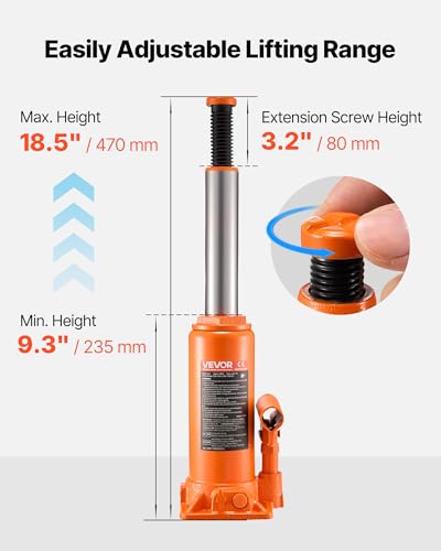 VEVOR Hydraulic Bottle Jack, 10 Ton (22046 lbs) Capacity, 9.3-18.5 Inch Lifting Range, Heavy Duty Welded Bottle Jack for Car, SUV, Pickup, Auto Repair, House Lift and Agricultural Equipment, Orange - size: 10T