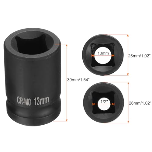 HARFINGTON 4 Point Square Socket 1/2" Drive 13mm Metric Square Impact Socket CR-MO Blackening Standard Wheel Sockets Pneumatic Socket Tool for Auto Repair Mechanical Maintenance Home Use - size: 13mm
