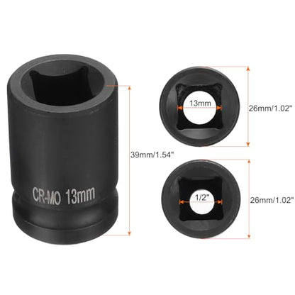 HARFINGTON 4 Point Square Socket 1/2" Drive 13mm Metric Square Impact Socket CR-MO Blackening Standard Wheel Sockets Pneumatic Socket Tool for Auto Repair Mechanical Maintenance Home Use - size: 13mm