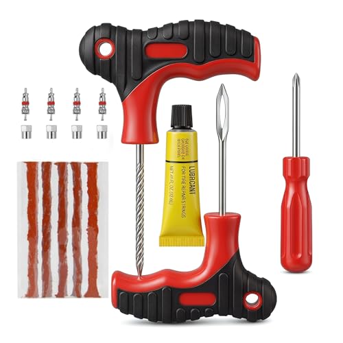 17 Pieces Tire Repair Kit with Plug Kit T Handle Tire Repair Tools to Fix Punctures and Plug Flats for Truck, Rv, SUV, ATV, Motorcycle, Car, Tractor, Trailer
