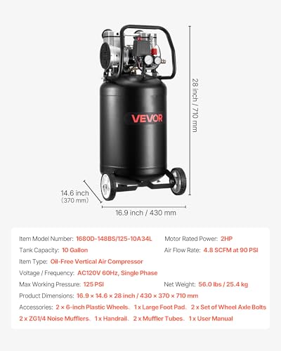 VEVOR 10-Gallon Air Compressor, 2HP 4.8 SCFM at 90PSI, Max 125PSI Pressure Oil-Free Air Compressor Tank, Portable on Wheels for Auto Repair, Tire Inflation, Spray Painting, Woodwork Nailing, 120V - size: 10-Gallon