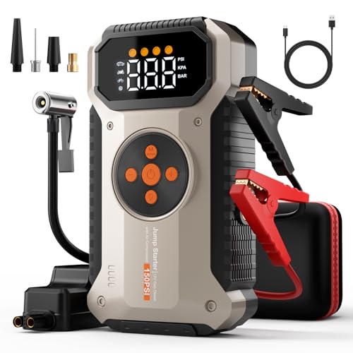 Portable Jump Starter with Air Compressor 5500A, 12V Car Charger Jump Starter Power Pack,150 PSI Tire Inflator and Jumper Box for 9.5L Gas/8.0L Diesel - color: Gold+Black