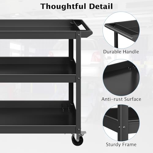 IRONMAX 3-Tier Utility Service Cart, 400 Lbs Heavy Duty Metal Rolling Trolley w/Ergonomic Flat Handle, Lockable 360° Swivel Wheels, Chic Mechanic Tool Cart for Garage Warehouse & Repair Shop - color: Black