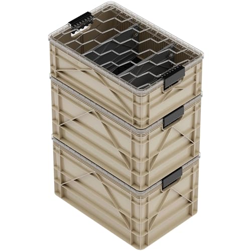 SIDIO Pro Pack, HD Stackable Storage Bins with Lids & Dividers, Tan | Includes 2 full-size & 1 half-size crates, lids & dividers, durable organizer for home, garage & outdoor use, USA made - color: Tan