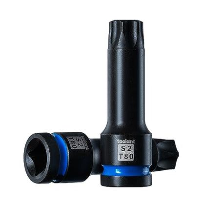 toolant 1/2-Inch Drive T80 Impact Torx Bit Sockets, 2-Piece | S2 steel one-piece sockets feature manganese phosphate coating, pin holes, and laser-etched markings - size: T80