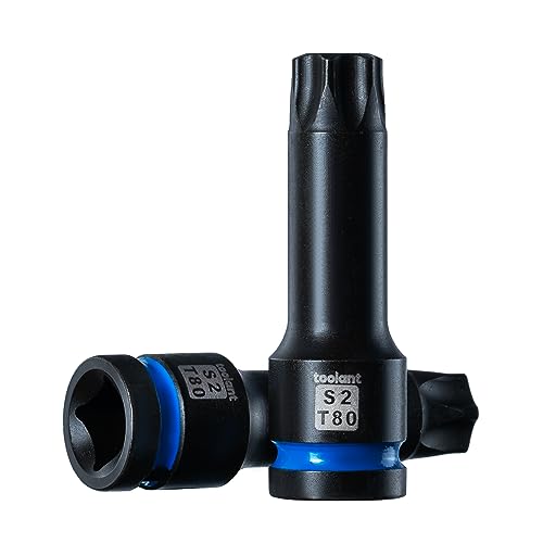 toolant 1/2-Inch Drive T80 Impact Torx Bit Sockets, 2-Piece | S2 steel one-piece sockets feature manganese phosphate coating, pin holes, and laser-etched markings - size: T80