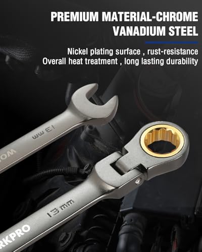 WORKPRO 13 mm Flex-Head Ratcheting Combination Wrench, Cr-V Constructed, Nickel Plating, 72-Teeth, 12 Point Design, Metric - size: 13 mm, style: Nickel Plating