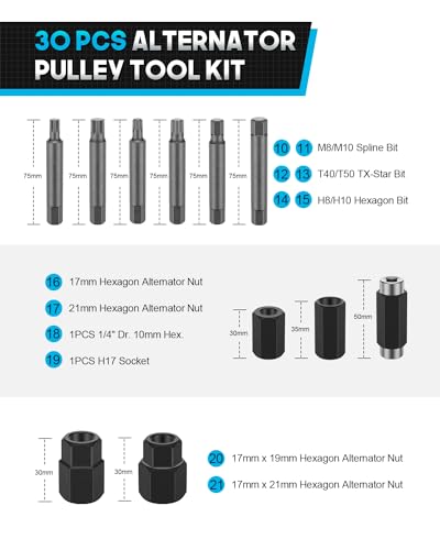 Alternator Pulley Removal Tool & Alternator Decoupler Pulley Tool | 30-piece socket bit set for clutch freewheel and decoupler pulley removal/installation; Compatible with Volvo BMW and More
