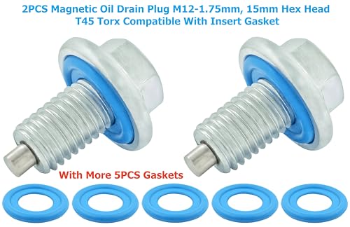 2PCS Magnetic Oil Drain Plug M12-1.75, 15mm Hex Head T45 Torx Compatible with Insert Gasket, More 5PCS Gasket, fit for GMC, Buick, Cadillac, Chevrolet, Replace GM 55577568, 090-948, 090-948CD