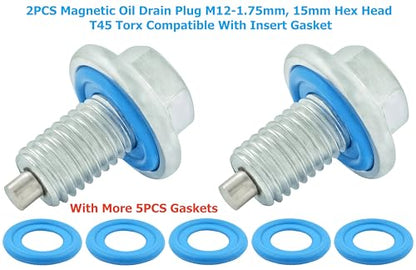 2PCS Magnetic Oil Drain Plug M12-1.75, 15mm Hex Head T45 Torx Compatible with Insert Gasket, More 5PCS Gasket, fit for GMC, Buick, Cadillac, Chevrolet, Replace GM 55577568, 090-948, 090-948CD