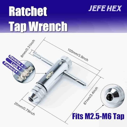 JEFE HEX 18pcs Metric Drill and Tap Set with 1 Piece T-Handle Ratchet Tap Wrench, Tap Range M2.5 * 0.45—M12*1.75, Black and Gold Premium HSS Jobber Length Drill Bits and Hand Plug Taps with Metal Box - size: 18PCS Metric