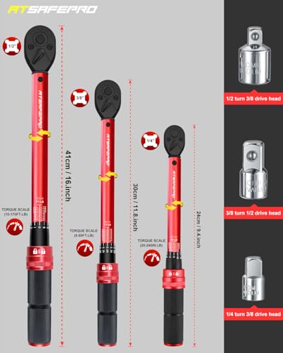 ATsafepro Torque Wrench Set-1/4 20–240 in-LB, 3/8" 5–50 ft-lb,1/2" 10–170 ft-lb with 3 Socket Adapters,±3% Accuracy, Dual Scale, 72-Tooth, Dual-Direction for Car, Bike, Motorcycle Repair Maintenance - style: 1/4" 20-240 IN.LB+3/8" 5-50 FT.LB+1/2" 10-170 F