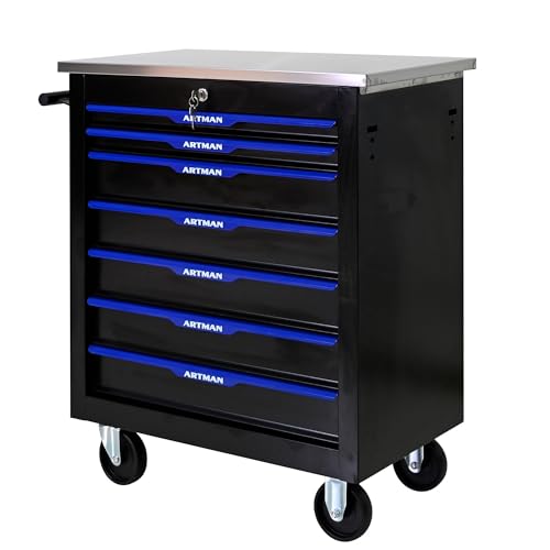 7 Drawer Heavy Duty Rolling Tool Chest, Mobile Metal Lockable Tool Cart with Stainless Steel Worktop, Garage Tool Storage Cabinet for Workshop Auto Repair, Black & Blue, 30.7" H × 25.9" W - size: 7 Drawers