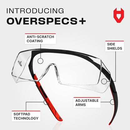 NoCry Safety Glasses Over Eyeglasses for Men and Women with Anti Scratch Lenses and Integrated Side Shields — Adjustable Temples with Anti-Slip Tips — 100% UV Protective Eyewear — ANSI Z87 Certified - color: Black & Red
