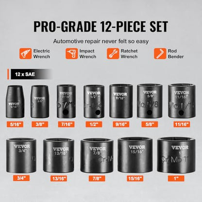 VEVOR 3/8" Drive Impact Socket Set, 12 Piece Shallow Socket Set SAE 5/16"-1", 6 Point Cr-Mo Alloy Steel for Auto Repair, Easy-to-Read Size Markings, Rugged Construction, Includes Storage Case - style: 3/8" 12PCS CR-MO