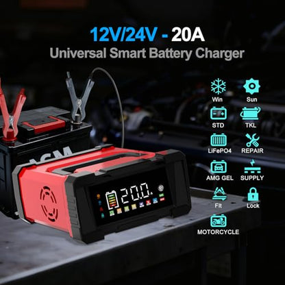 Battery Charger 20-Amp 12V/24V Smart Trickle Charger for Car - Battery Maintainer Trickle Charger, and Car Battery Charger Heavy Duty with Temperature Compensation for Automotive Truck Motorcycle