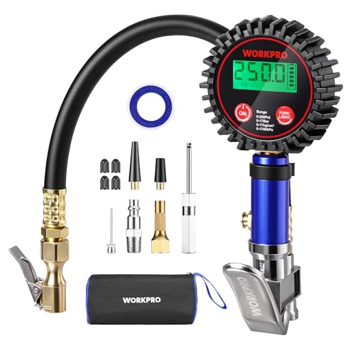WORKPRO 12PCS Digital Tire Pressure Gauge with Inflator, 250 PSI, Heavy Duty Air Compressor Attachments with Storage Bag, Tire Gauge with Brass Air Chuck and Rubber Hose for Vehicles and Inflatables