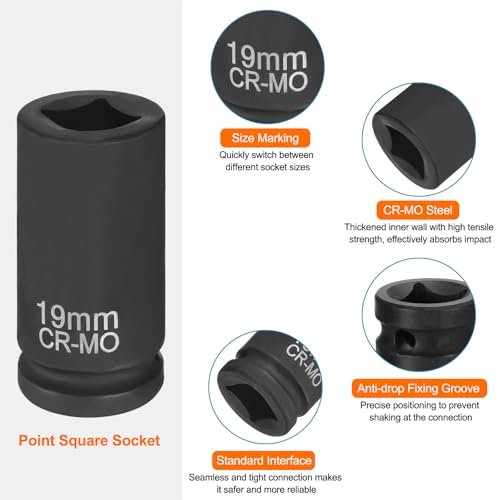 HARFINGTON 4 Point Square Socket 3/4" Drive 19mm Metric Square Impact Socket CR-MO Blackening Standard Wheel Sleeve Pneumatic Sleeve Tool for Auto Repair Mechanical Maintenance Home Use - size: 3/4"/19mm