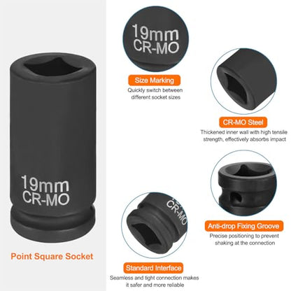 HARFINGTON 4 Point Square Socket 3/4" Drive 19mm Metric Square Impact Socket CR-MO Blackening Standard Wheel Sleeve Pneumatic Sleeve Tool for Auto Repair Mechanical Maintenance Home Use - size: 3/4"/19mm