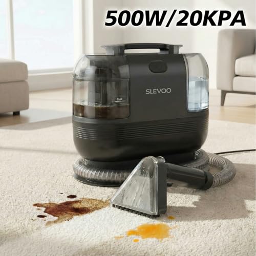 Slevoo Portable Carpet Cleaner, 500W 20Kpa Upholstery Cleaner Machine | Handheld Spot Cleaner for Pet Stains, Carpet, Car Interiors, Stair, Lightweight 7.27lbs, 42oz Large Dual Tank, Dark Gray