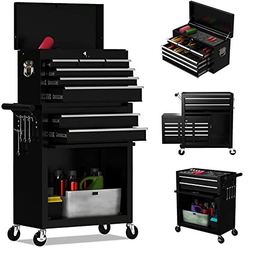 8-Drawer High Capacity Rolling Tool Chest, Removable Cabinet Storage Tool Box with Wheels and Drawers, Detachable Toolbox with Lock for Workshop Mechanics Garage (Black) - color: Black