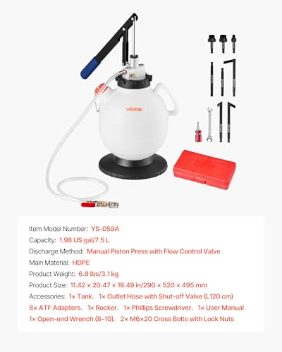 VEVOR Transmission Fluid Pump, 7.5 L Capacity, Manual Fluid Transfer Pump with 8 ATF Adapters & 47 in Outlet Horse, ATF Refill Kit, Oil Extractor Dispenser with HDPE Tank for Cars, Lawn Mowers