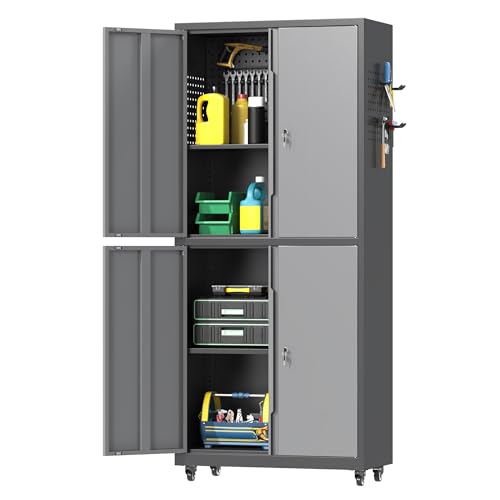 71" H Metal Tool Storage Cabinet with Lock and Wheels, Heavy Duty Garage Cabinet with 4 Doors and 2 Adjustable Shelves, Tool Organizer with Pegboard for Garage, Warehouse (Black&Gray, 71" H) - color: Black&gray, size: 71"H Tool Cabinet(4-Door)