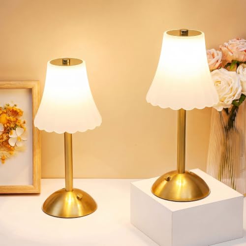 Liliful 2 Pcs Cordless Table Lamp Rechargeable Touch LED Small Gold Portable Battery Operated USB-c Desk Lamp 3 Color Dimmable for Bedroom Living Room Dining (Gold,Frosted Rose Style) - color: Frosted Rose Style, size: Gold