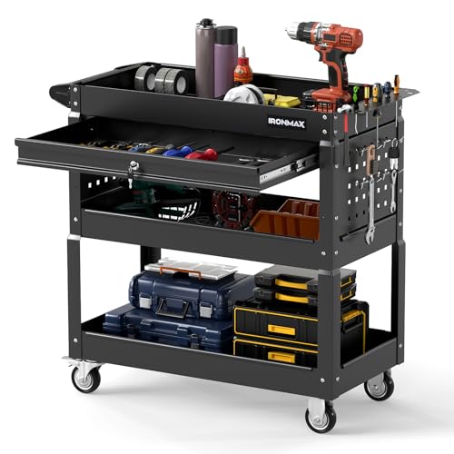 Goplus 3 Tier Rolling Tool Cart with Lockable Drawer, Heavy Duty Metal Utility Cart on Wheels with Pegboards & Hooks, Mechanic Tool Storage Organizer for Garage, Warehouse & Workshop (Black) - color: Black