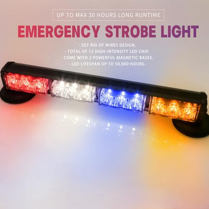 14.8" Battery Powered Emergency Strobe Lights Bar for Trucks/Vehicles Rechargeable Wireless Rooftop Mini Hazard Flashing LED Beacon Warning Light (R/W/B/Y) - color: #06 R/W/B/Y