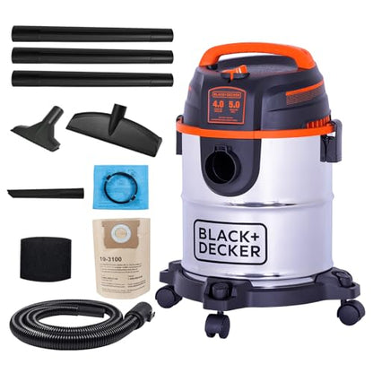BLACK+DECKER Shop Vacuum Wet and Dry, 5 Gallon 3-in-1 Stainless Steel Shop Vac with Accessories, 4 HP Vacuum Cleaner, for Workshop, Home, Garage and Pet, BDXV18143 - size: 5 Gallon 4 HP