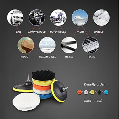 POLIWELL 11 PCS 6 Inch Car Polishing Sponge Pads Kit | 8mm M14 Drill Adapter, Wool Bonnets, Buffing for Household Electric Auto Polisher, Washing Cleaning Waxing Dusting - size: 6 Inch