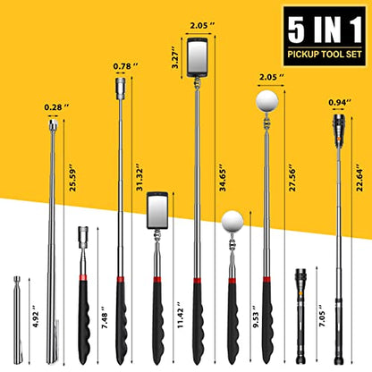 Magnetic Pickup Tool Set with 15lb & 1lb Pick Up Rod, Round & Square 360 Swivel Adjustable Inspection Mirror, Telescoping Flexible Flashlight, Dad Gifts, Birthday Gifts for Men Dad Husband - style: Black Magnetic Tool Set