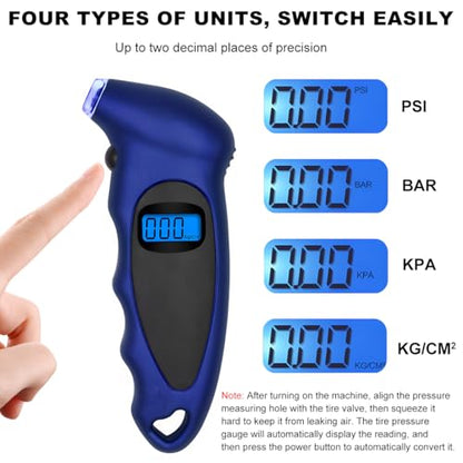 KVAEY Digital Tire Pressure Gauge, 150 PSI 4 Settings Accurate Tire Gauge with Non-Slip Grip, Backlight LCD Tire Pressure Gauge Reader Checker Tool for Car Truck Bicycle Motorcycle (Blue) - color: Blue