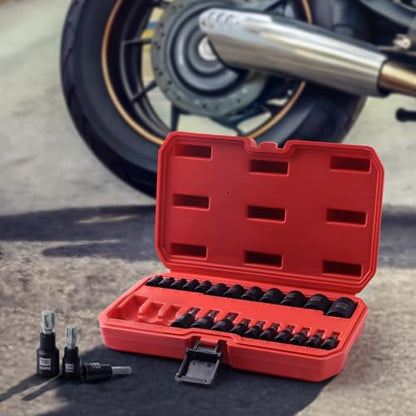 25 Piece Torx Bit and Socket Set, 13 Star Bits (T8- T60) & 12 E-Torx Sockets (E4-E22), Professional Grade Auto & Motorcycle Mechanic Set - style: 25PCS T & E socket set