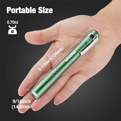 WORKPRO LED Pen Light, Aluminum Pen Flashlights, Pocket Flashlight with Clip for Inspection, Emergency, Everyday, 2AAA Batteries Include, Green(4-Pack) - color: Green