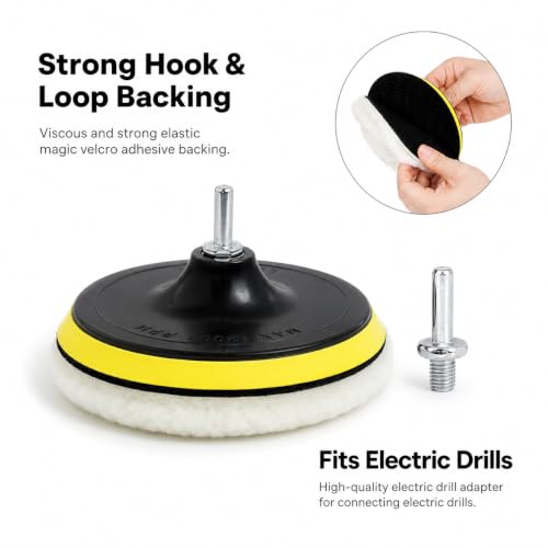 6Pcs 3" Wool Polishing Pad Kit with M10 Drill Adapter, Drill Buffer Attachment for Car Polishing Waxing, Foam Buffing Pads Set for Auto Detailing, Headlight Restoration, Metal Wood Resin Glass Surface
