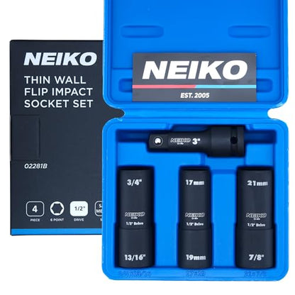 NEIKO 02281B 1/2" Drive Impact Flip Socket Set, Thin Wall Socket, 4 Piece Lug Nut Impact Socket Set, SAE and MM, 3” Extension Bar, Cr-Mo Steel, Impact Lug Nut Socket Set - size: 4 Piece, style: Flip Socket