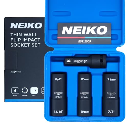 NEIKO 02281B 1/2" Drive Impact Flip Socket Set, Thin Wall Socket, 4 Piece Lug Nut Impact Socket Set, SAE and MM, 3” Extension Bar, Cr-Mo Steel, Impact Lug Nut Socket Set - size: 4 Piece, style: Flip Socket