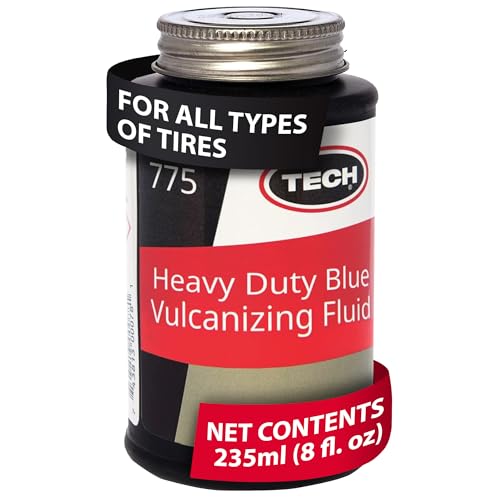 TECH Heavy-Duty Blue Vulcanizing Fluid – Tire Seal for All Types of Tires, Works with Stems and Patches, 8 oz Bottle with Brush Cap for Efficient Flat Restoration and Long-Lasting Performance