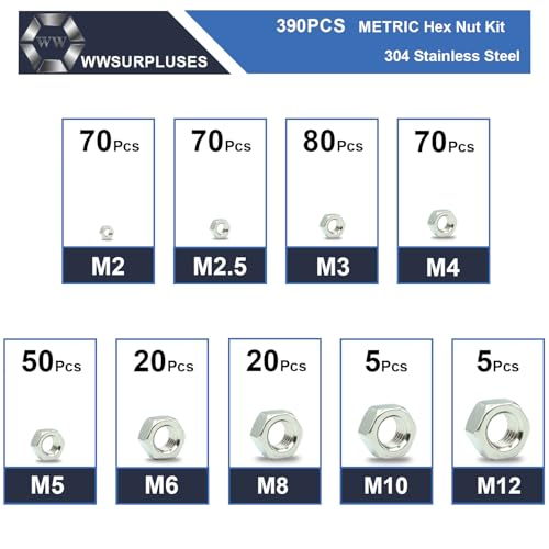 390 Pack Metric Hex Nuts Assortment Kit, M2 M2.5 M3 M4 M5 M6 M8 M10 M12 304 (A2-70) Standard Metric Coarse Thread Hardware Nuts - size: Metric (390Pcs)
