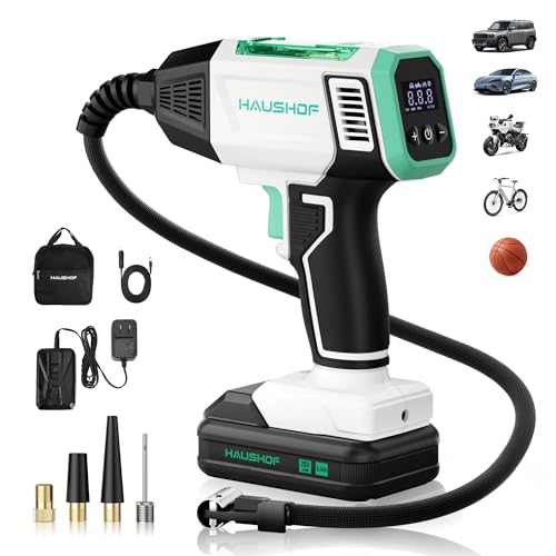 HAUSHOF Tire Inflator Portable Air Compressor, 150 PSI Air Pump, Dual Power | 20V Battery & 12V DC Power, Auto Shut-Off, Digital Gauge & LED Light, Ideal for Cars, Motorcycles, Bikes