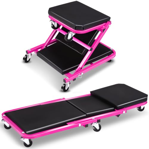 Foldable Creeper, 2-in-1 Rolling Garage Z Creeper Car & Seat, 36" Roller Mechanics Under Car Chair, 330 LBS Weight Capacity Heavy Duty, Rose Pink - color: Pink, size: 36 Inch Length