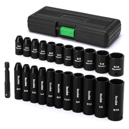 TecoTek 23 Pieces 1/4-Inch Drive Shallow and Deep 12-Point Impact Socket Set, CR-V, 5/32 to 9/16 in, SAE, 1/4"-1/4" Drill Adapter - size: 4 - 14 mm (23 PCS)