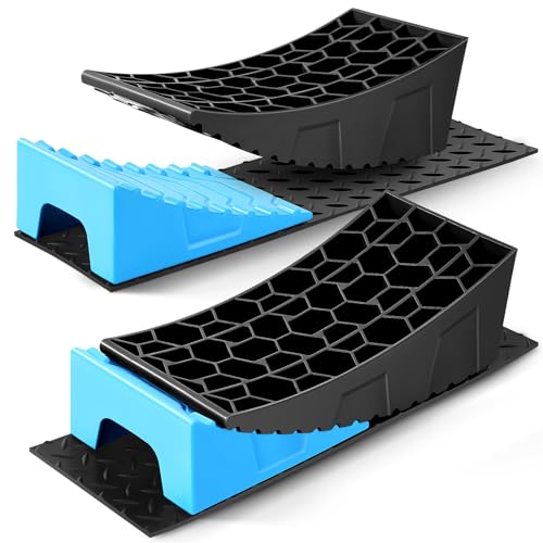 RV Leveling Blocks Kit, Heavy Duty Anti-Slip Mats & Carrying Bag, 2 Pack | Blue & Black. For travel trailer, motorhome, dual axle. HDPE, support 45000 lbs. Levels ½" - 4" in 5 min. - color: Blue & Black