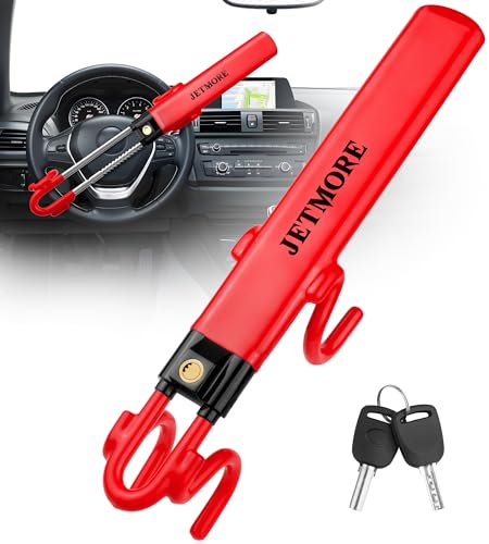JETMORE Car Steering Wheel Lock Dual Hook Anti Theft Car Device for SUVs | Car lock steering wheel design adds car security for street or overnight parking, Dual hooks grip both sides of the wheel - color: Red