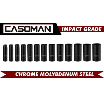 CASOMAN 1/2-Inch Drive Deep Impact Socket Set, 13 Pieces Set, 7/16"-1-1/4", CR-MO, SAE, Heavy Duty Storage Case - size: DEEP(CR-MO)