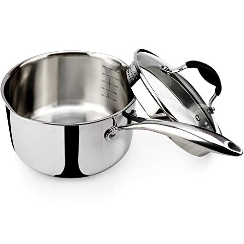 AVACRAFT Tri-Ply Stainless Steel Saucepan with Glass Strainer Lid, Two Side Spouts, Multipurpose Sauce Pan with Lid, Sauce Pot, Cooking Pot (Tri-Ply Full Body, 3.5 Quart) - size: 3.5 Quarts