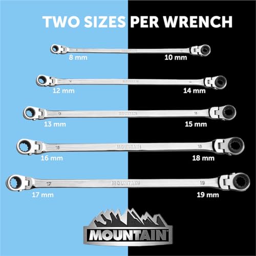 MOUNTAIN RM6, 5 Piece Metric Double Box Universal Spline Reversible Ratcheting Wrench Set, Extra Long Chrome Vanadium Steel, 90 Tooth, 4 Degree Swing Arc, Flexible Design for Hard to Reach Fasteners - size: 8mm-18mm