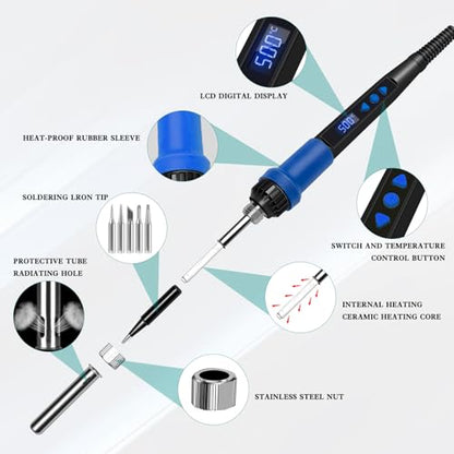 908D Blue 80W Adjustable Temperature Soldering Iron Kit, Heat Resistant Anti-Slip Handle, Includes 5 Soldering Tips, Solder Wire, Stand, Flux, Solder Pen/Hot Pen for DIY & Repair - color: Blue